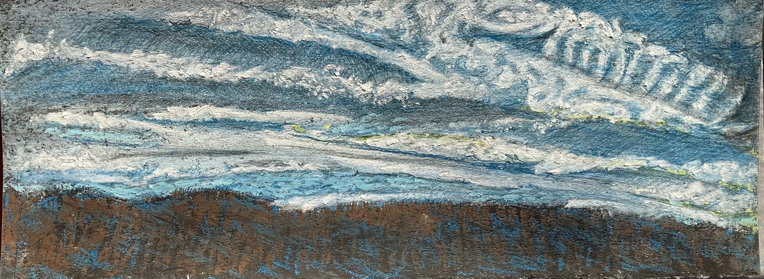 An impressionist painting of a seascape with a stormy sky, choppy water, and brown shoreline.