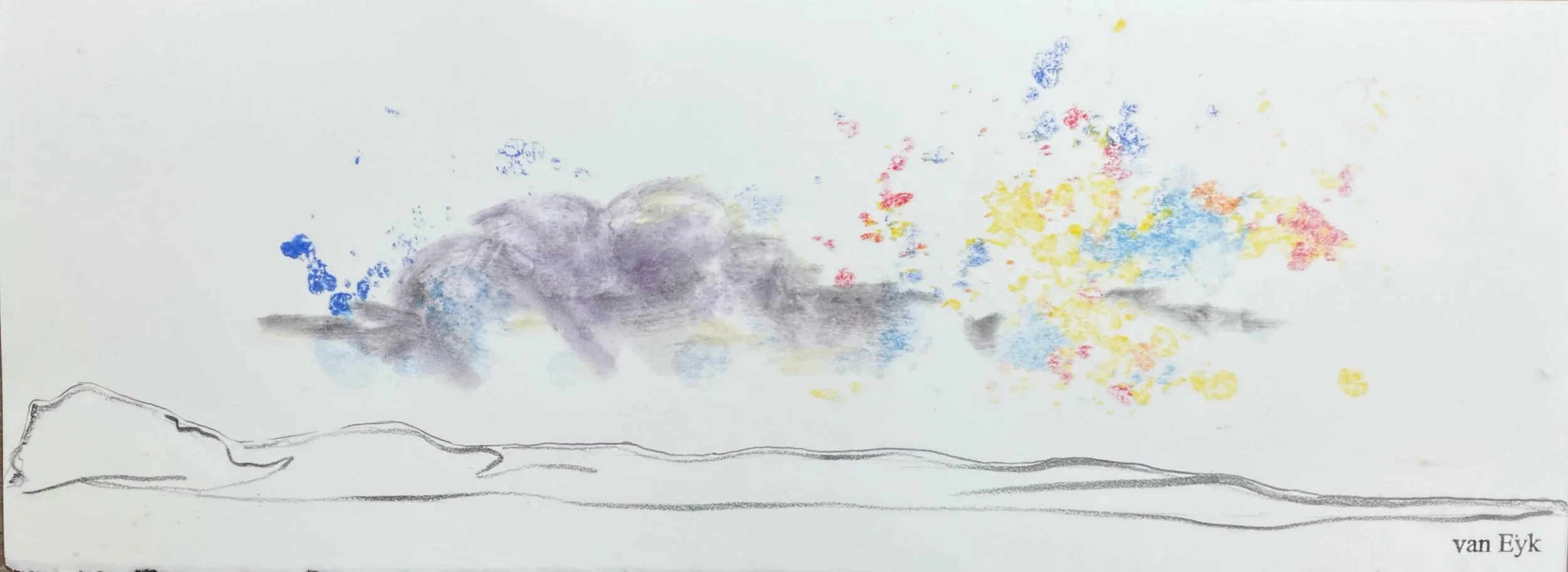 A simple landscape drawing with a mountain at the left, a gray cloud in the sky, and colorful scattered dots representing smoke or fireworks, with the artist's name 'van Eyk' in the bottom right corner.