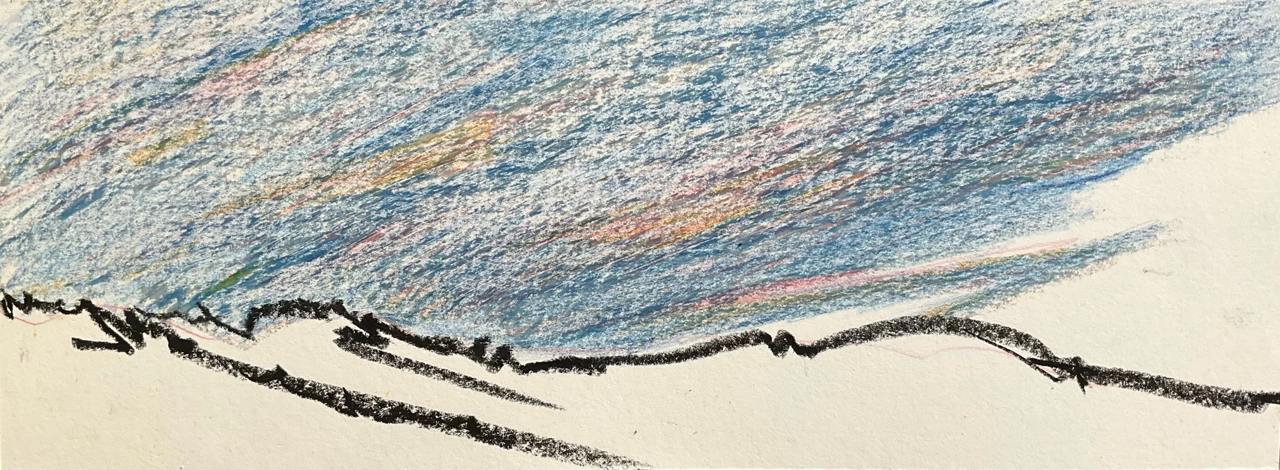 A child's drawing on paper with colored pencil shading in blue, pink, yellow, and green, and black crayon outlining in a mountainous landscape.