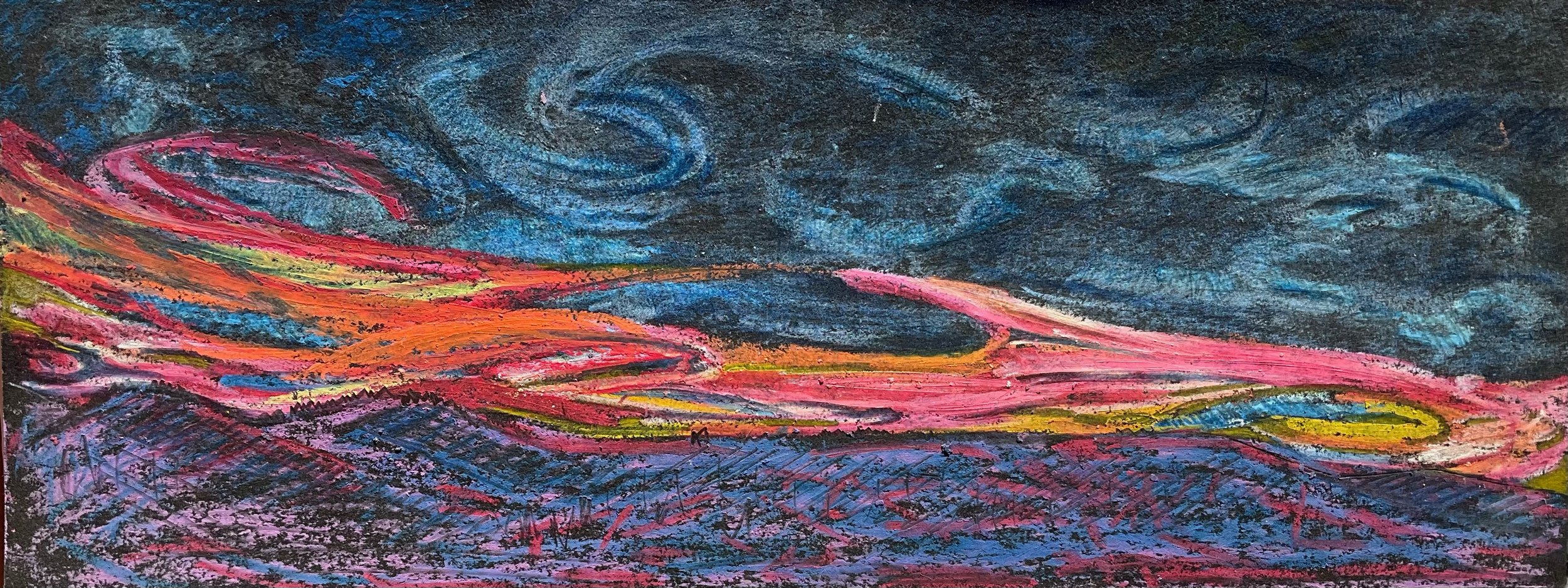 Colorful abstract landscape painting with swirling sky, pink and orange hills, and textured purple foreground.