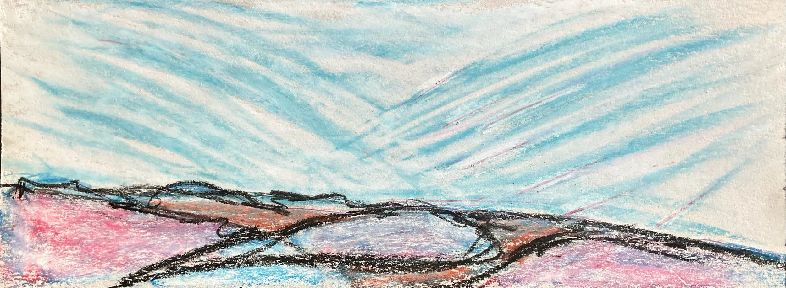 A landscape drawing with a colorful sky filled with blue and pink streaks. The foreground depicts rolling hills outlined in black, with shades of pink, purple, and blue.