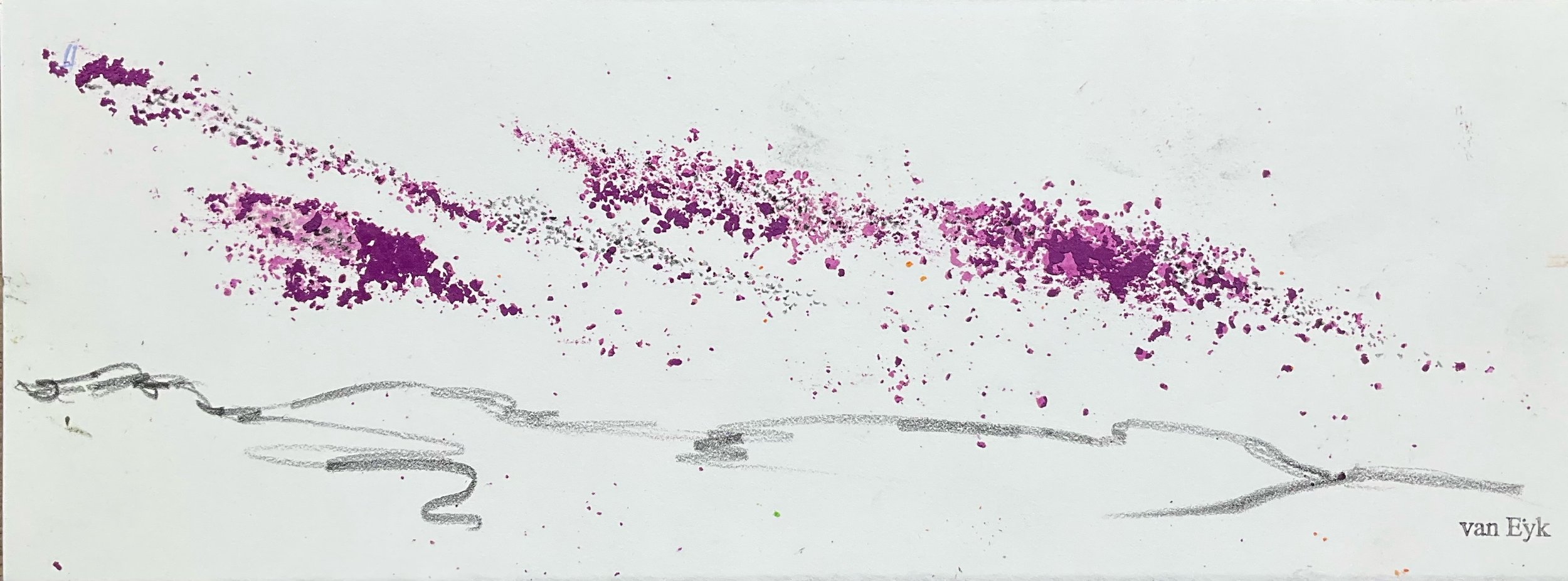 Abstract artwork with purple and pink splatters, black squiggles, and a small signature reading "van Eyk" in the bottom right corner.