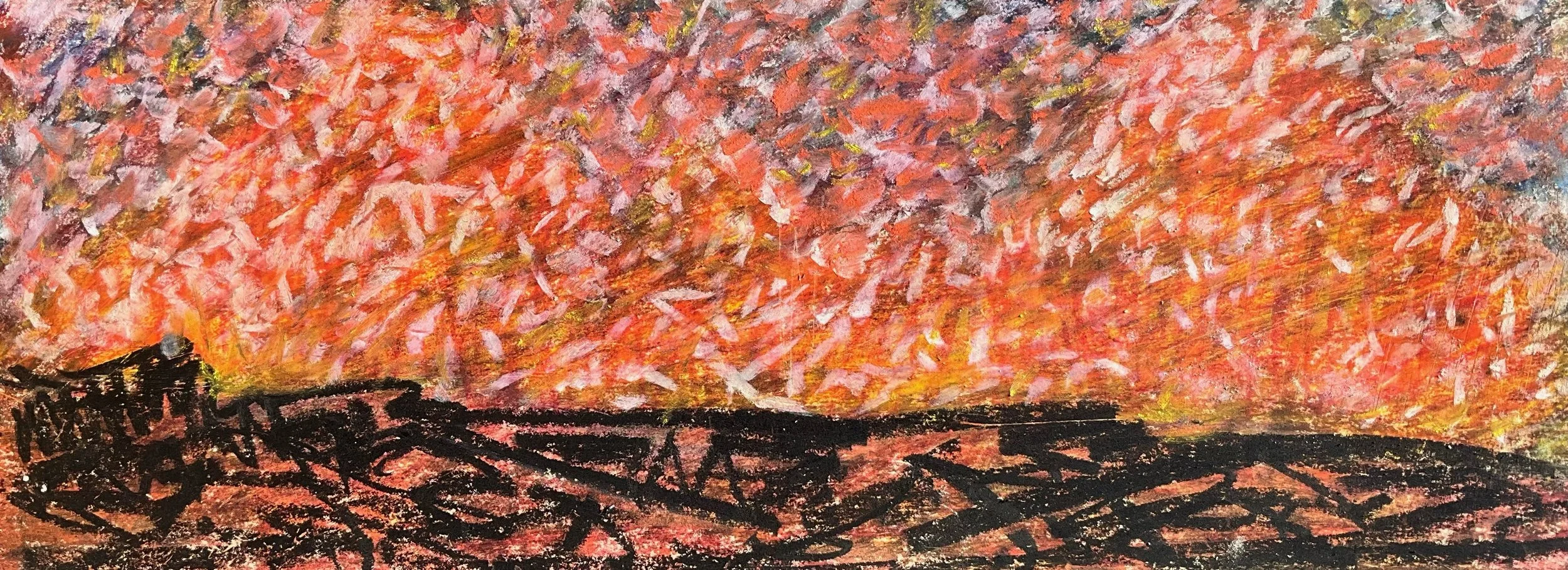 An abstract painting of a fiery explosion with red, orange, yellow, pink, and black colors, resembling a landscape or sky at sunset.