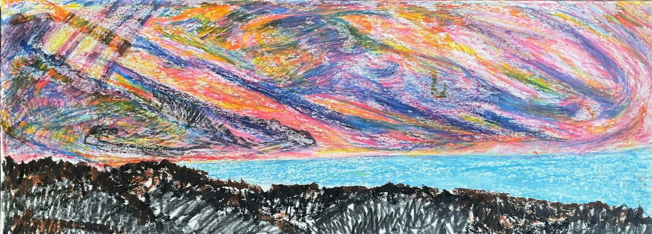 Colorful abstract landscape with a dark foreground, a bright blue water body, and a swirling sky with vibrant shades of pink, orange, yellow, purple, and blue.