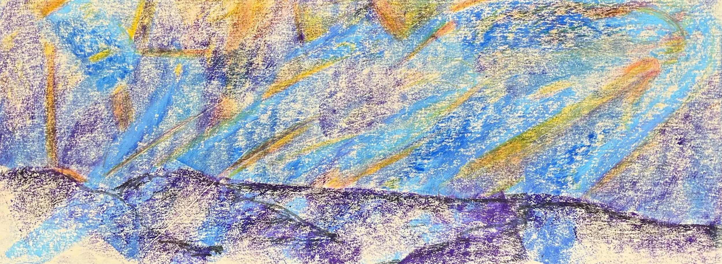 Abstract colorful drawing with shades of blue, purple, yellow, and black, resembling a landscape or mountain scene with textured appearance.