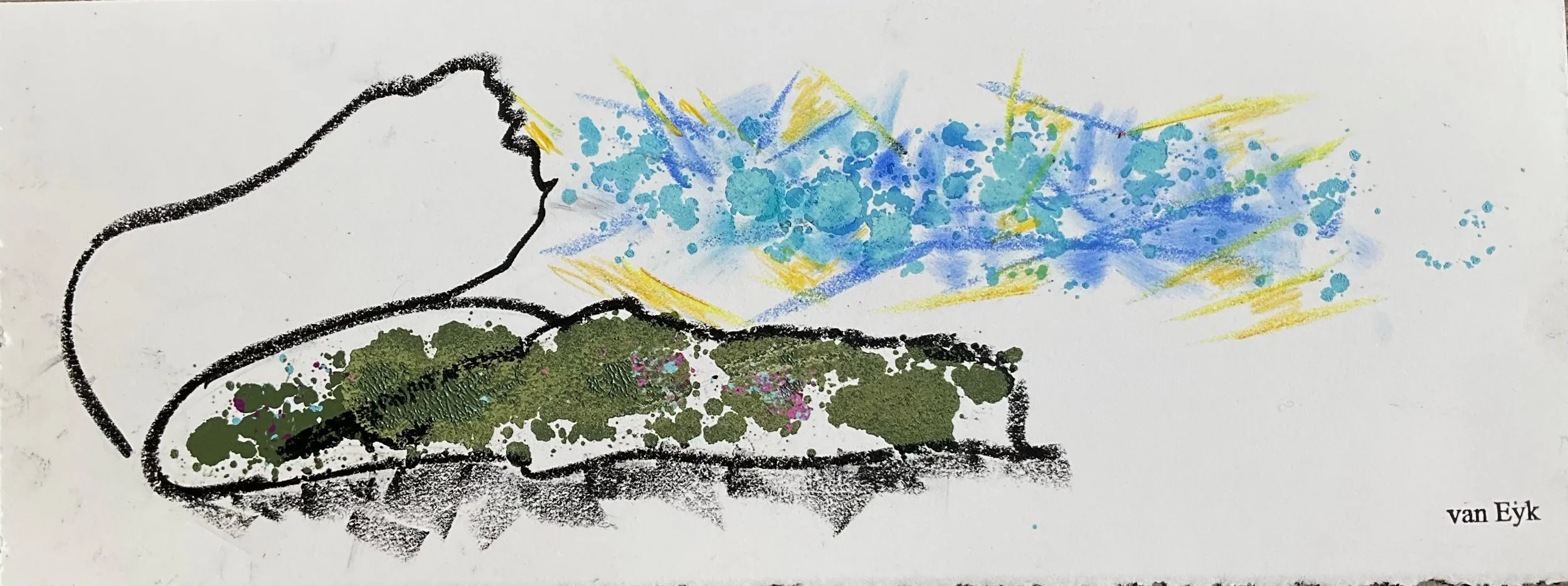 A sketch of a hand releasing a colorful burst of blue, yellow, and green paint or ink from the fingertips, with abstract splashes and strokes.