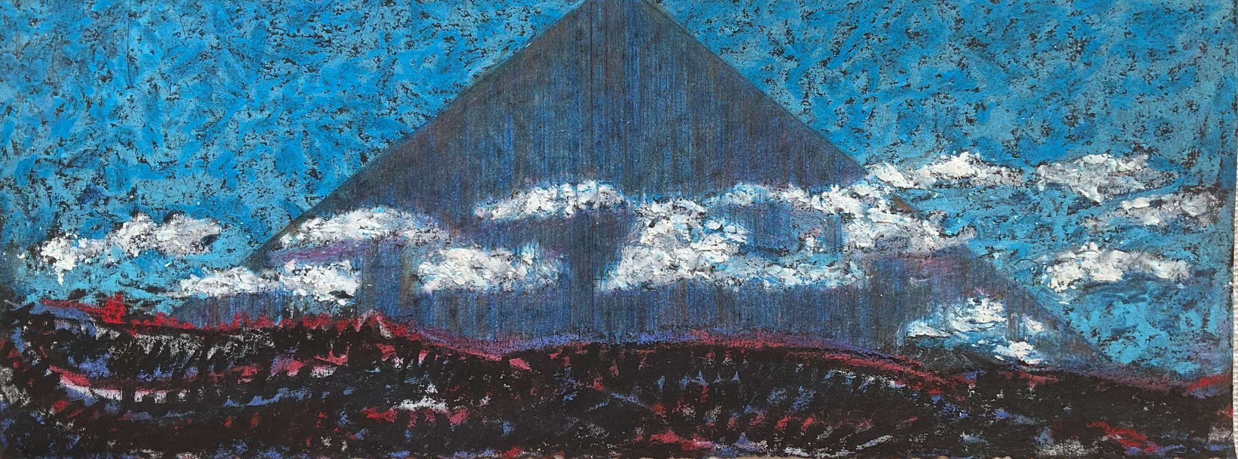 Painting of a large volcano with clouds around its peak, set against a blue sky with textured clouds and red and black landscape in the foreground.