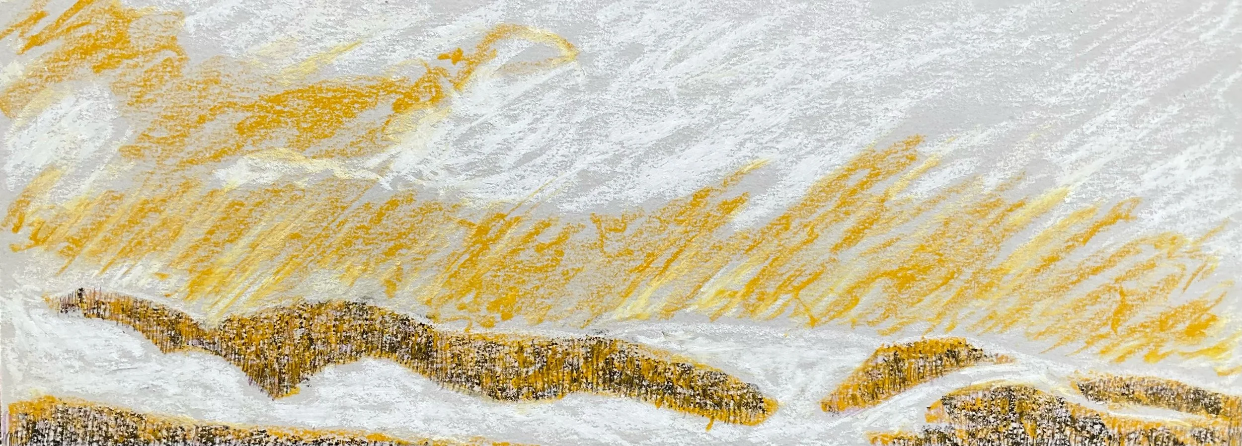 Sketch of a landscape with a body of water, hills, and a yellow sky.