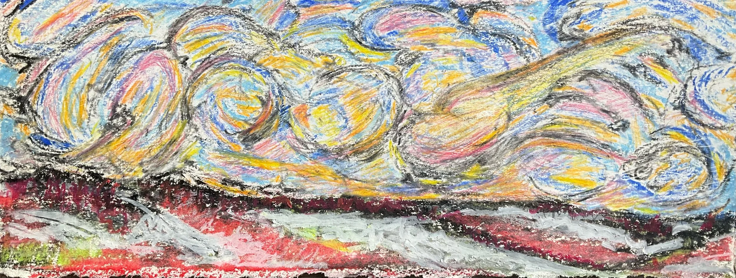An abstract landscape drawing in pastel colors. Swirling clouds in hues of yellow, pink, blue, and black above a dark horizon and a red and gray ground.