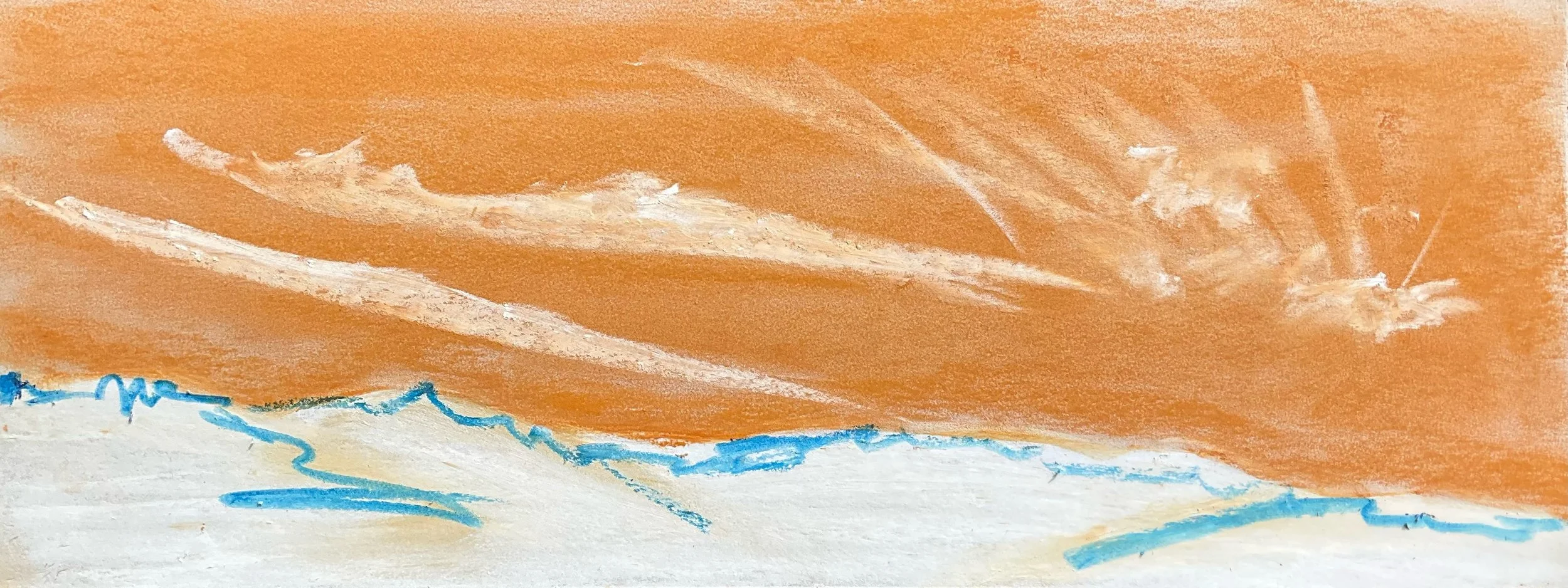 A watercolor painting of a beach scene with brownish-orange sky, white clouds, and blue ocean waves.