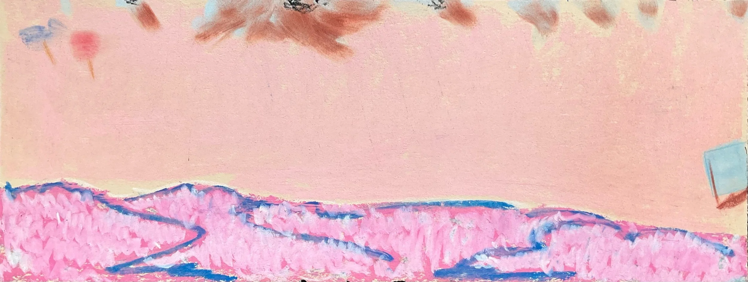 Abstract pastel painting with pink, blue, and brown colors and simple shapes.