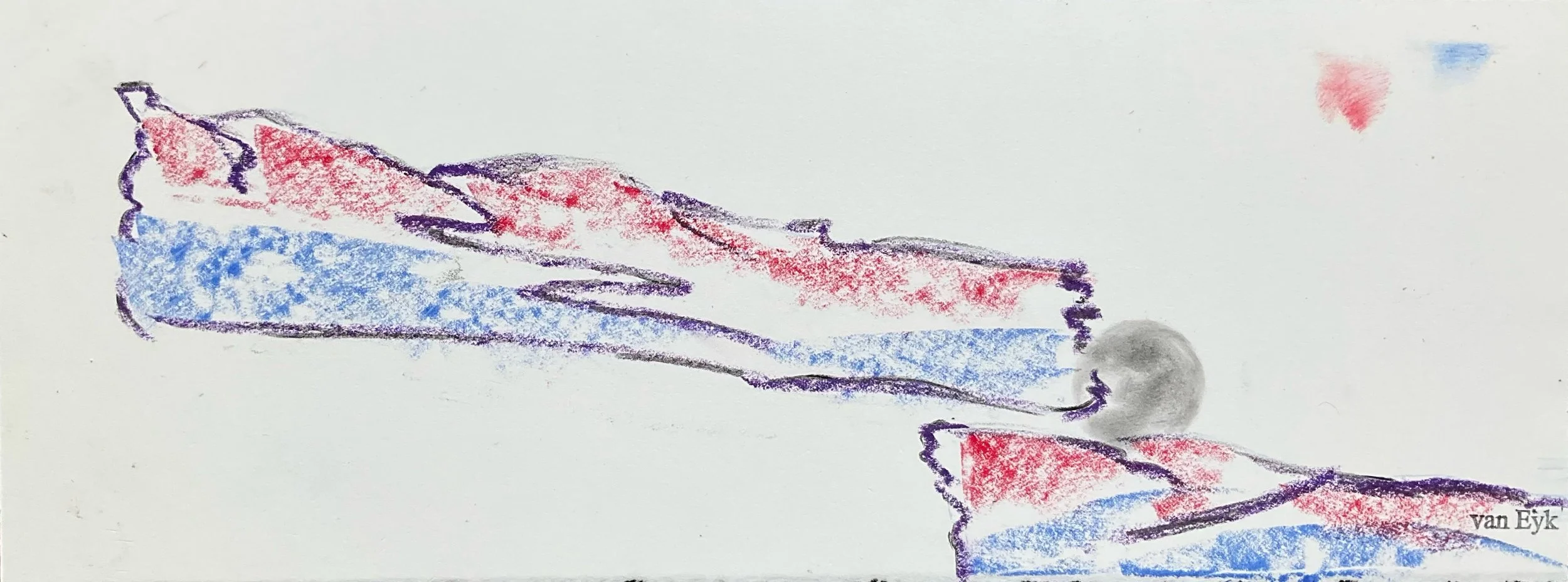 Colorful abstract drawing of important political monument with red, blue, and gray colors, signed by van Eyk.