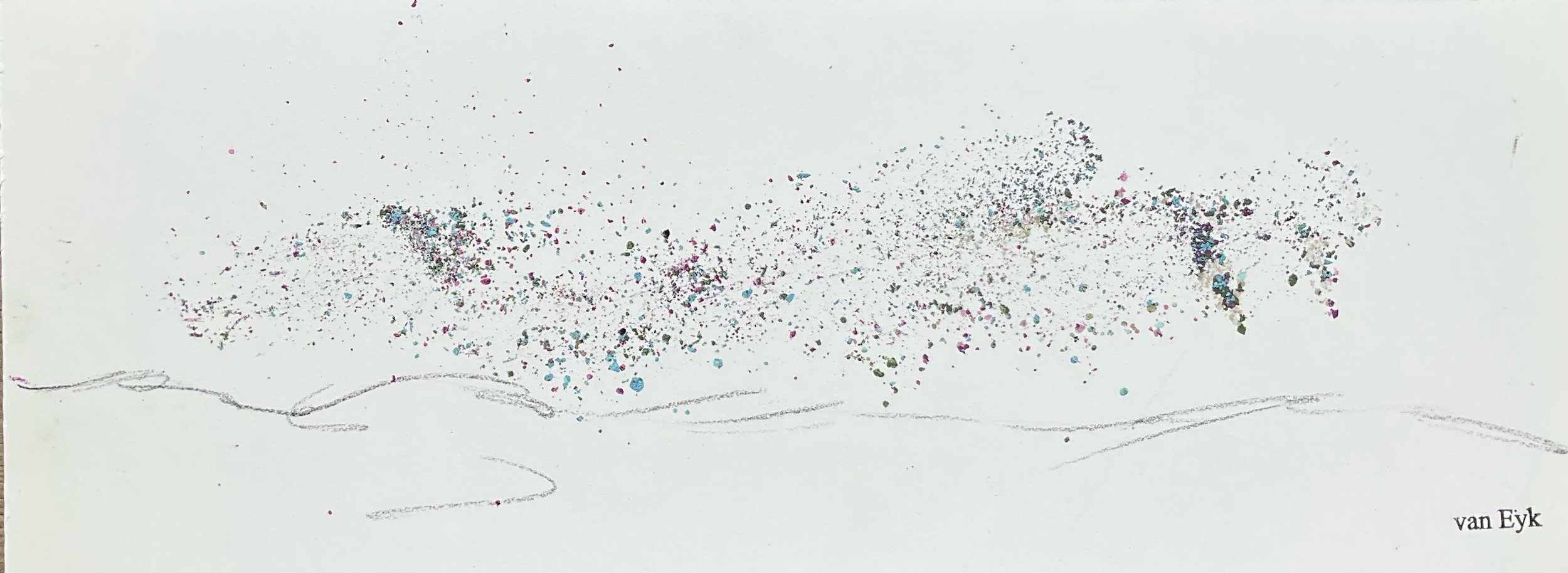 A minimalist illustration of a whale drawn with a few simple lines and embellished with glitter to represent water and the whale at the surface of the ocean.