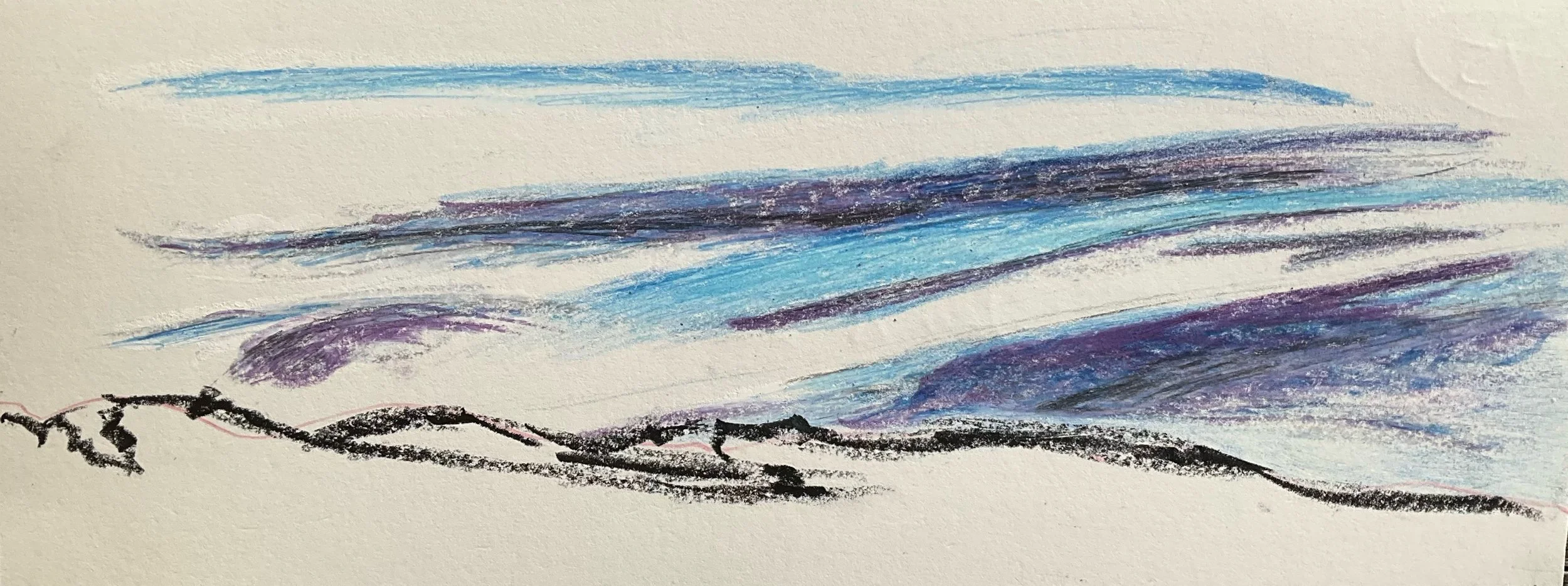 Colorful abstract landscape sketch with black, purple, blue, and light blue strokes depicting mountains and sky.