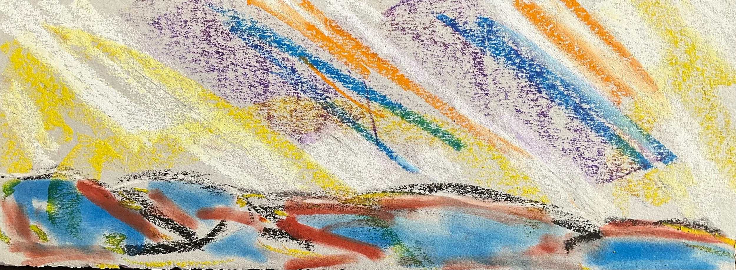 Colorful abstract crayon drawing with diagonal purple, blue, green, orange, yellow, black, and red strokes and patches on textured paper.