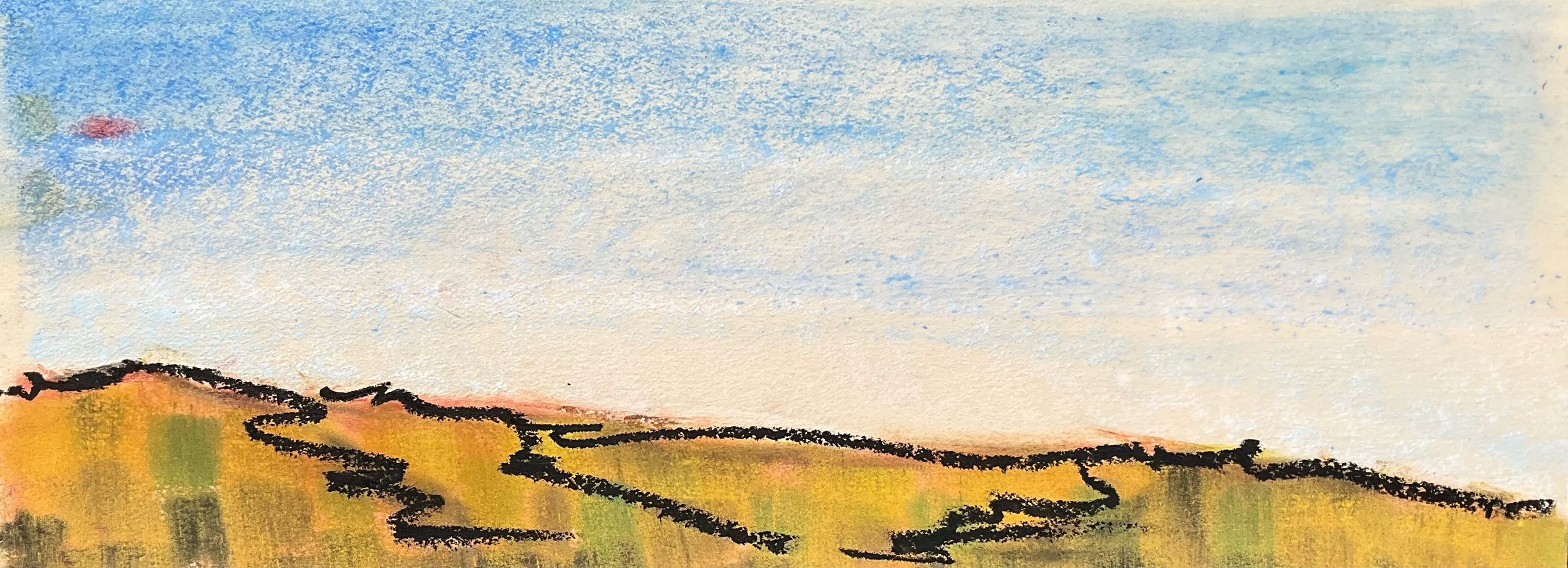 Watercolor painting of a landscape with a blue sky, beige ground, and dark outlines of land formations.