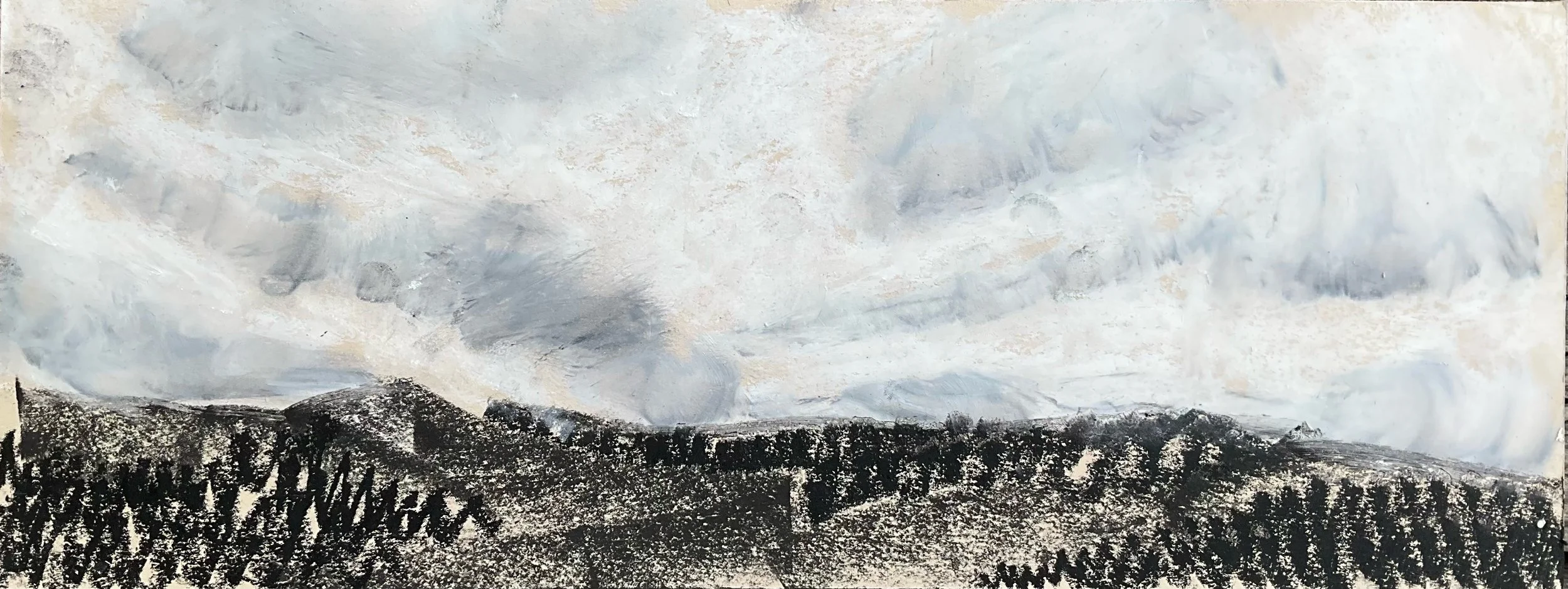 Abstract landscape painting depicting dark, textured mountains under a cloudy, overcast sky.