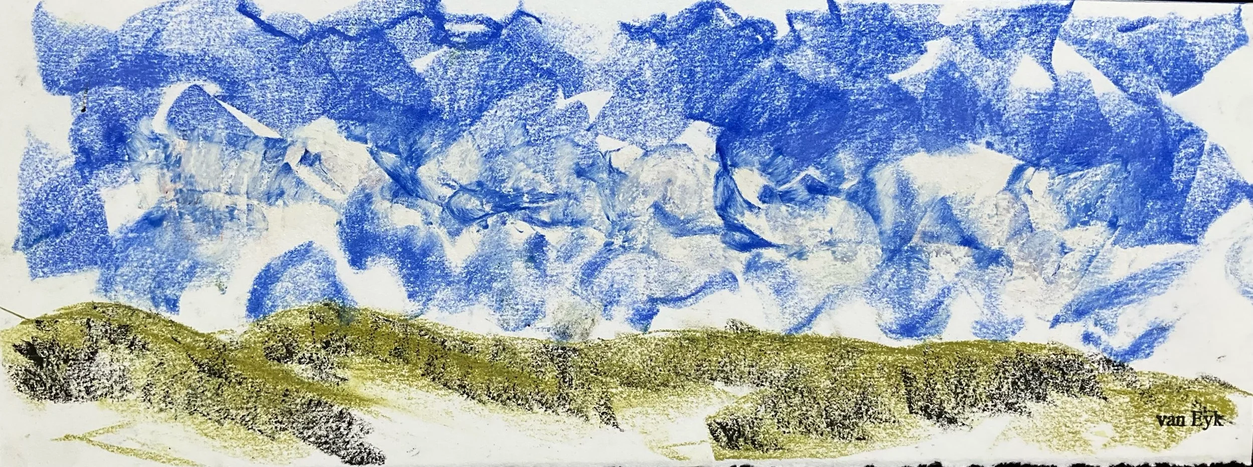 A landscape drawing with green rolling hills in the foreground and a large blue sky with clouds in the background. The image is created with crayon or pastel and is signed by 'van Eyk' in the bottom right corner.