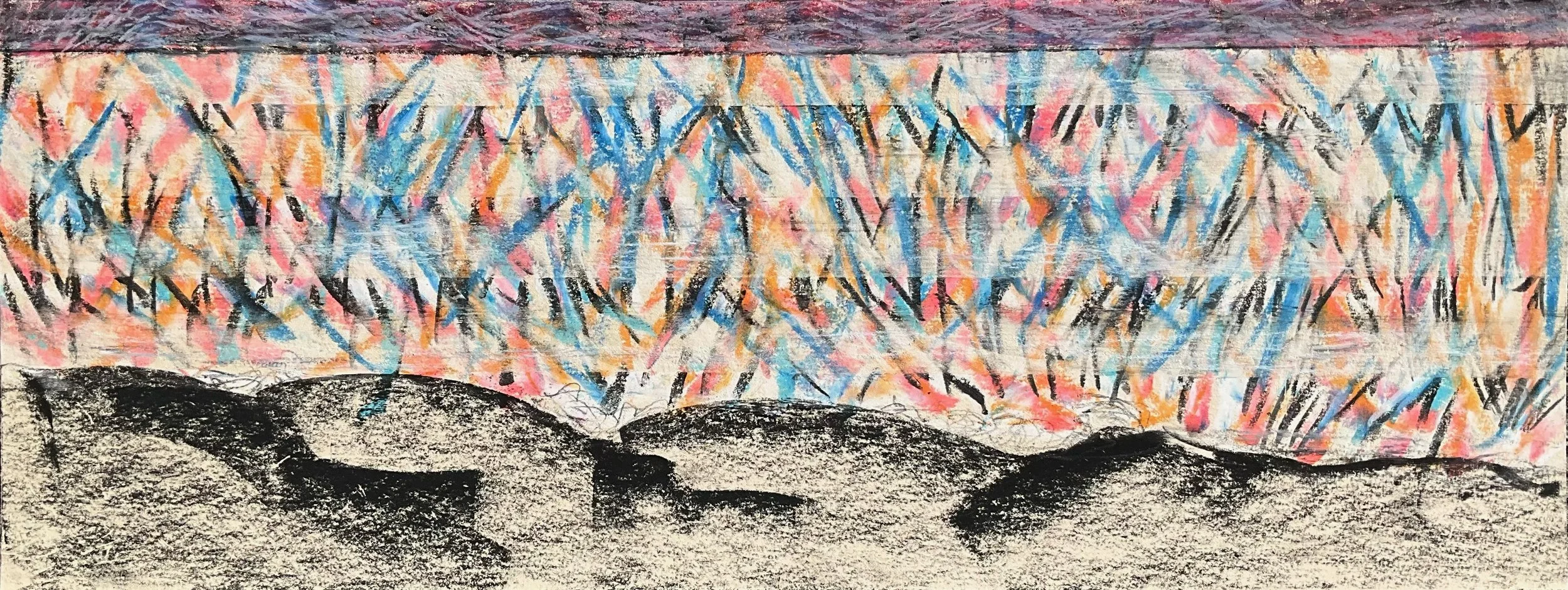 An abstract drawing with colorful scribbles and black lines above a dark, textured ground.