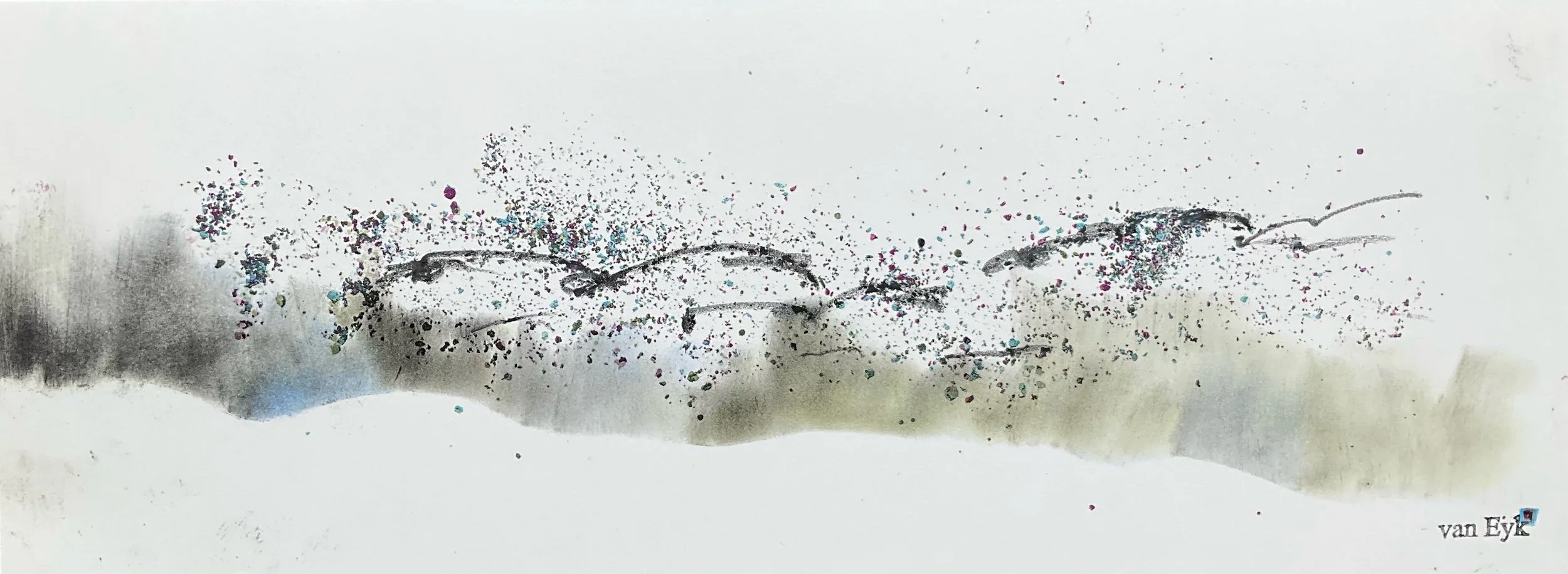 Abstract watercolor painting of a splash of colorful paint and black brushstrokes on white background, signed 'van Eyk' in the bottom right corner.