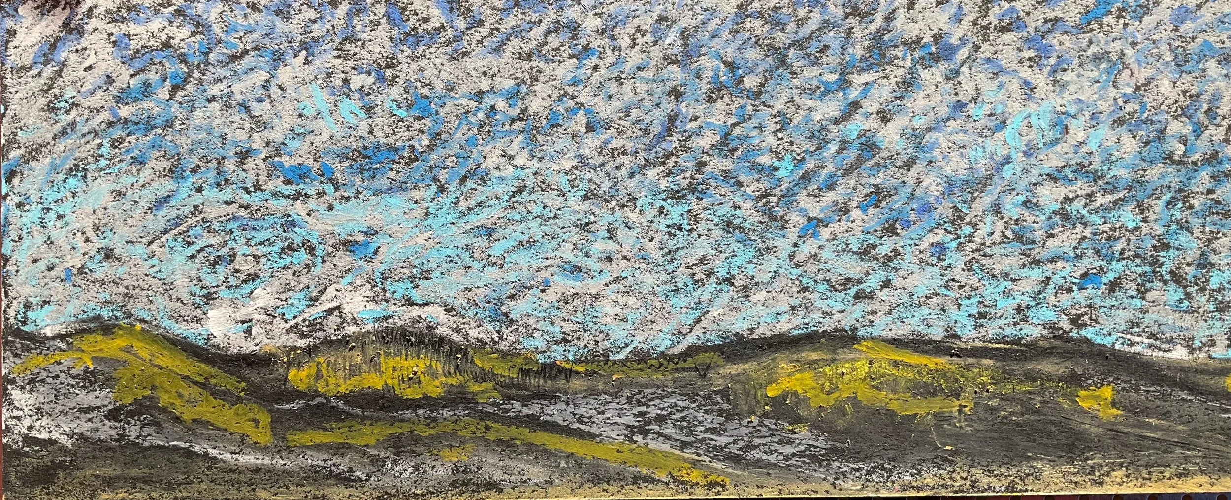 Crayon drawing of a landscape with blue sky, green hills, and a dark ground.