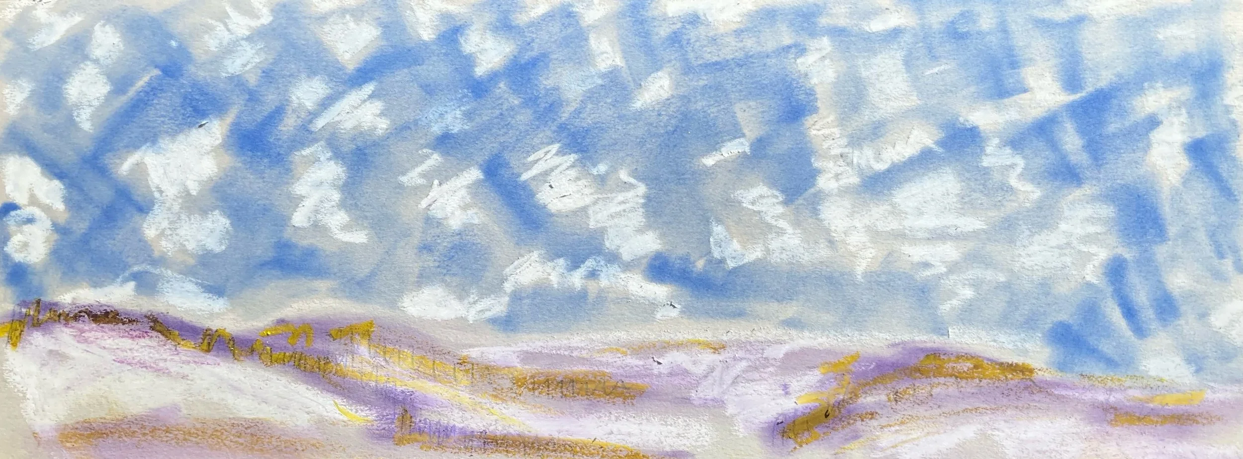 Watercolor painting of a wide sky with fluffy white clouds and distant purple and yellow mountains.