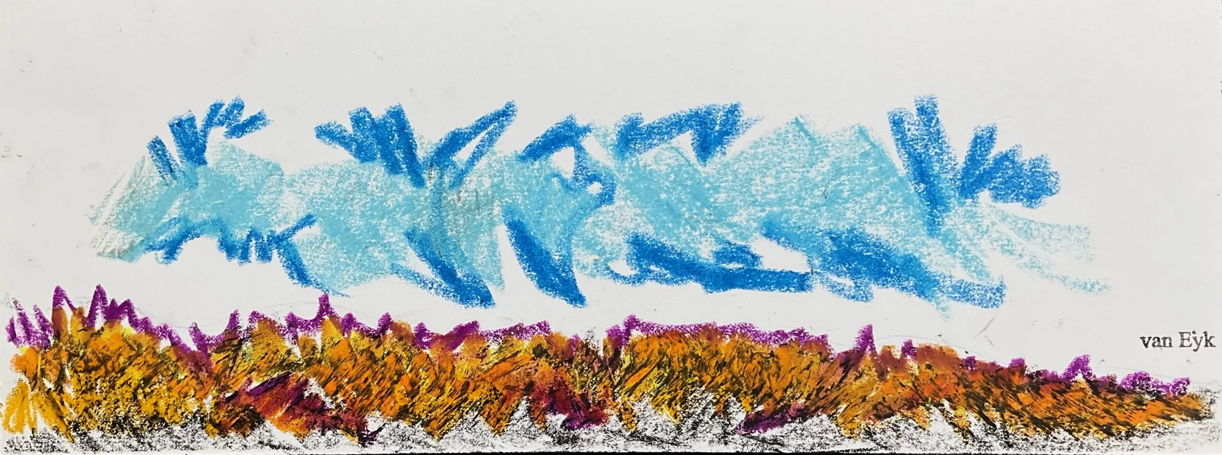 Child's colorful crayon drawing of a blue sky with light blue clouds and a vibrant, multicolored ground with purple, orange, and yellow hues, signed 'van Eyk' in the bottom right corner.