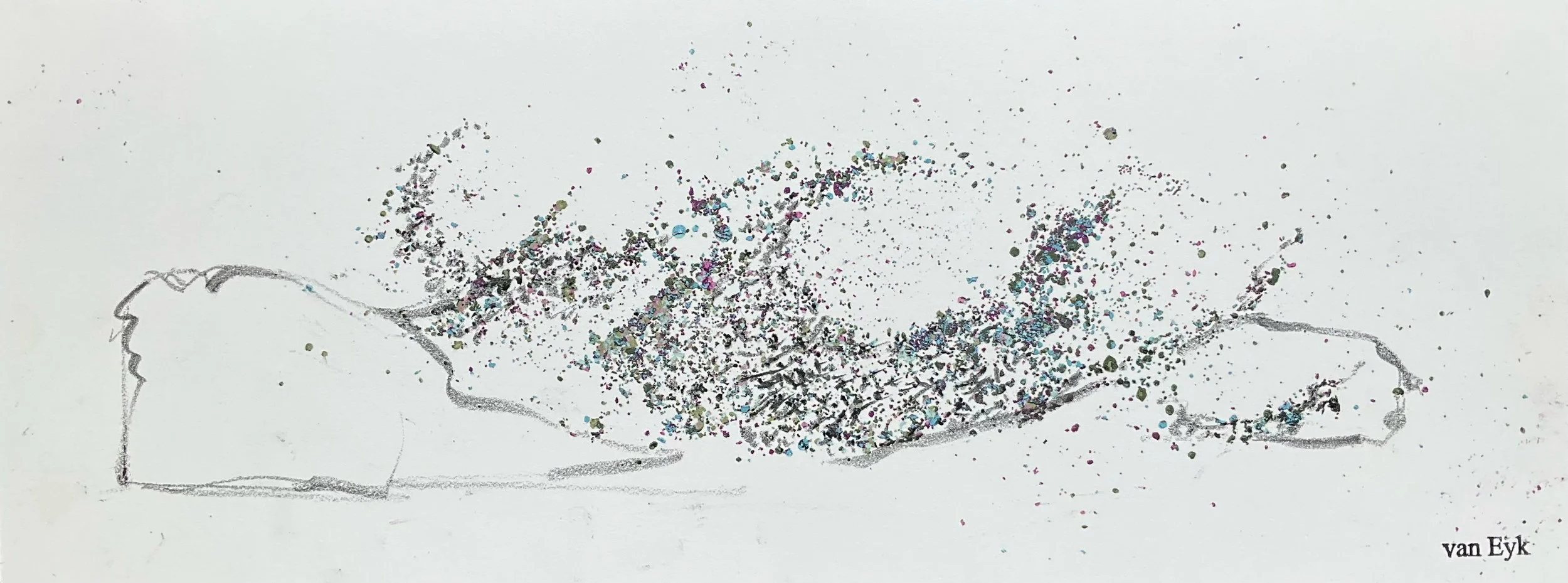 A drawing of two hands exchanging a handful of glitter, with colorful specks forming a rough shape of a heart between them. The artist's name, van Eyk, is written in the bottom right corner.