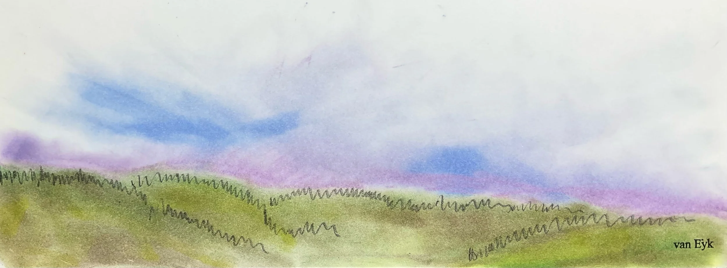 Watercolor painting of rolling green hills under a blue sky with wispy clouds, signed by van Eyk.