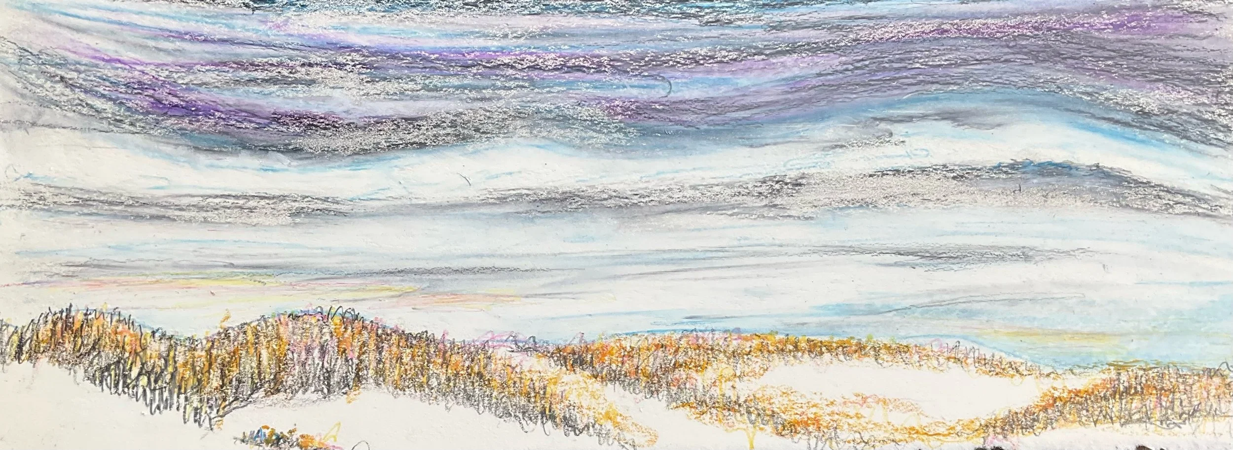Colorful landscape drawing of a sky with gray, purple, and blue clouds over a hilly terrain with orange and brown trees.