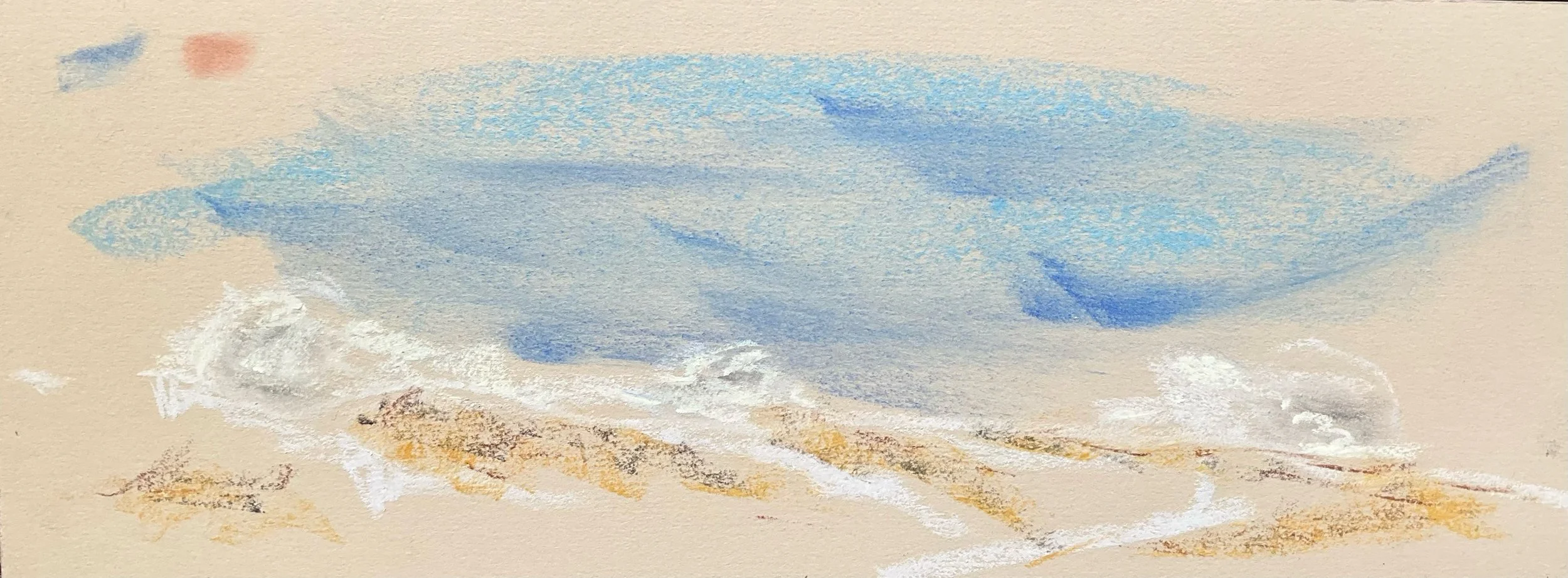 Watercolor painting of a beach with blue sky and some clouds, sandy shore, and gentle waves.