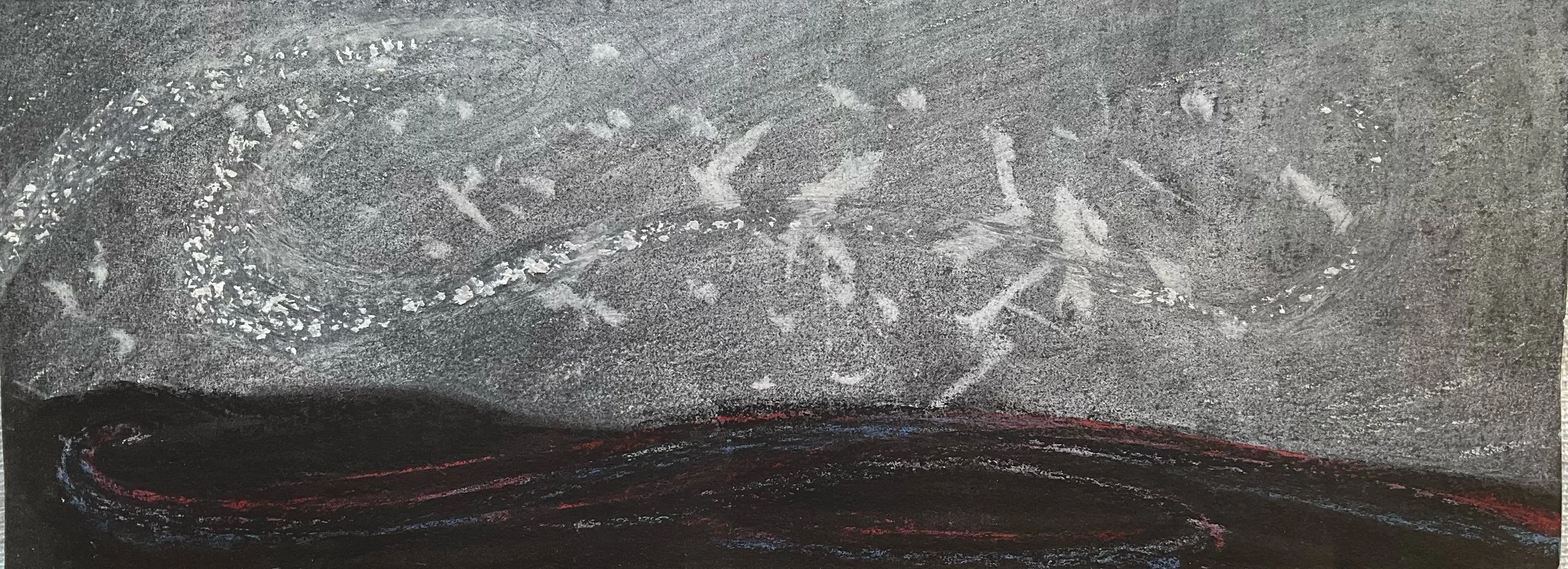 A drawing of a dinosaur, possibly a T-Rex, with a background that appears to have a lightning or storm motif, featuring dark clouds and red and pink streaks at the bottom.