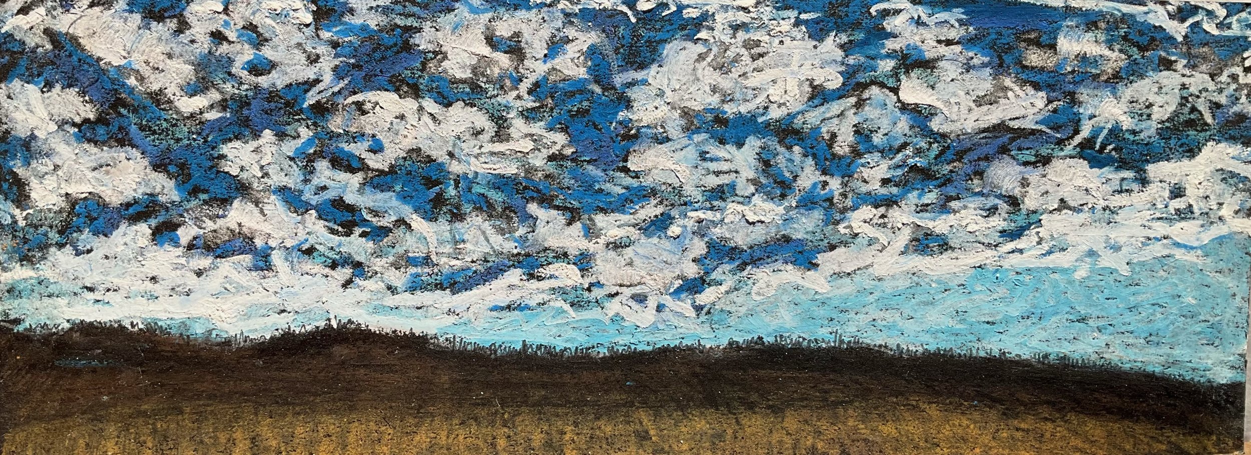 A landscape painting depicting a cloudy sky over a rolling hill, created with thick, textured brushstrokes in an impressionist style.