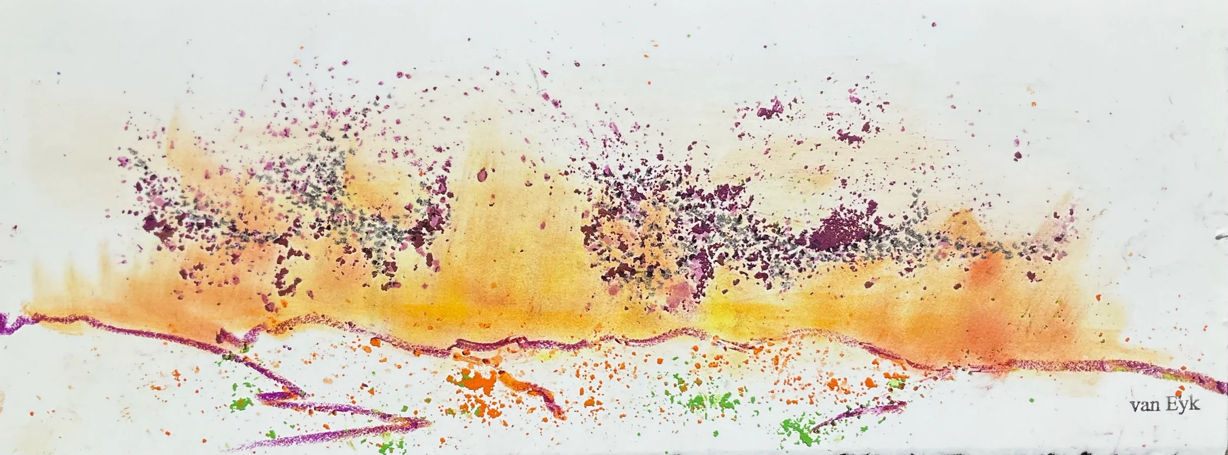 Abstract watercolor painting with splashes of purple, orange, yellow, and green on a white background, signed by van Eyk.