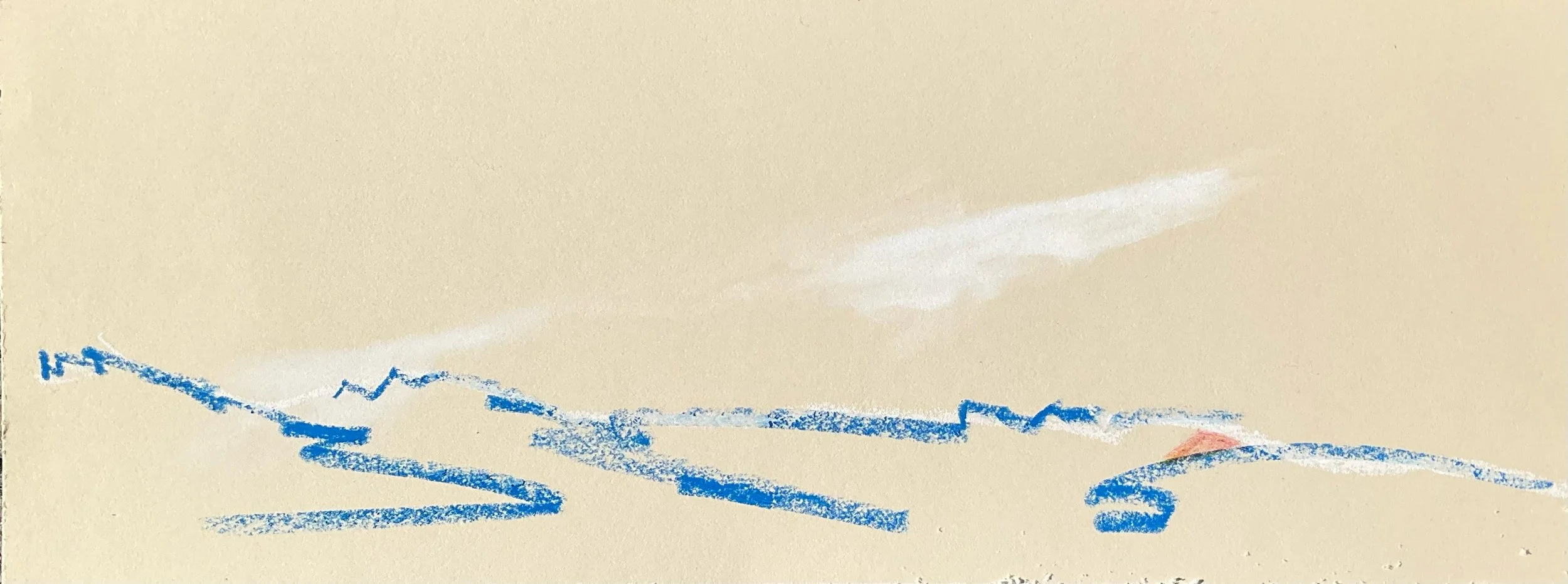 A child's drawing on beige paper showing blue lines, a pink shape, and a white cloud in the sky.