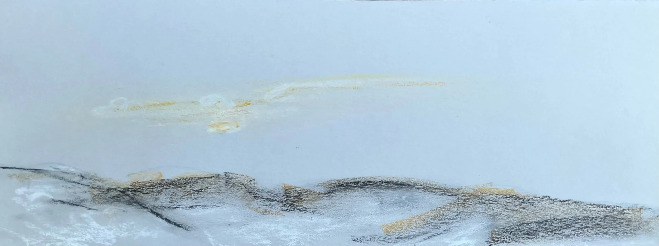 A landscape drawing with mountains in the foreground and clouds or mist in the sky, created with soft, muted colors.