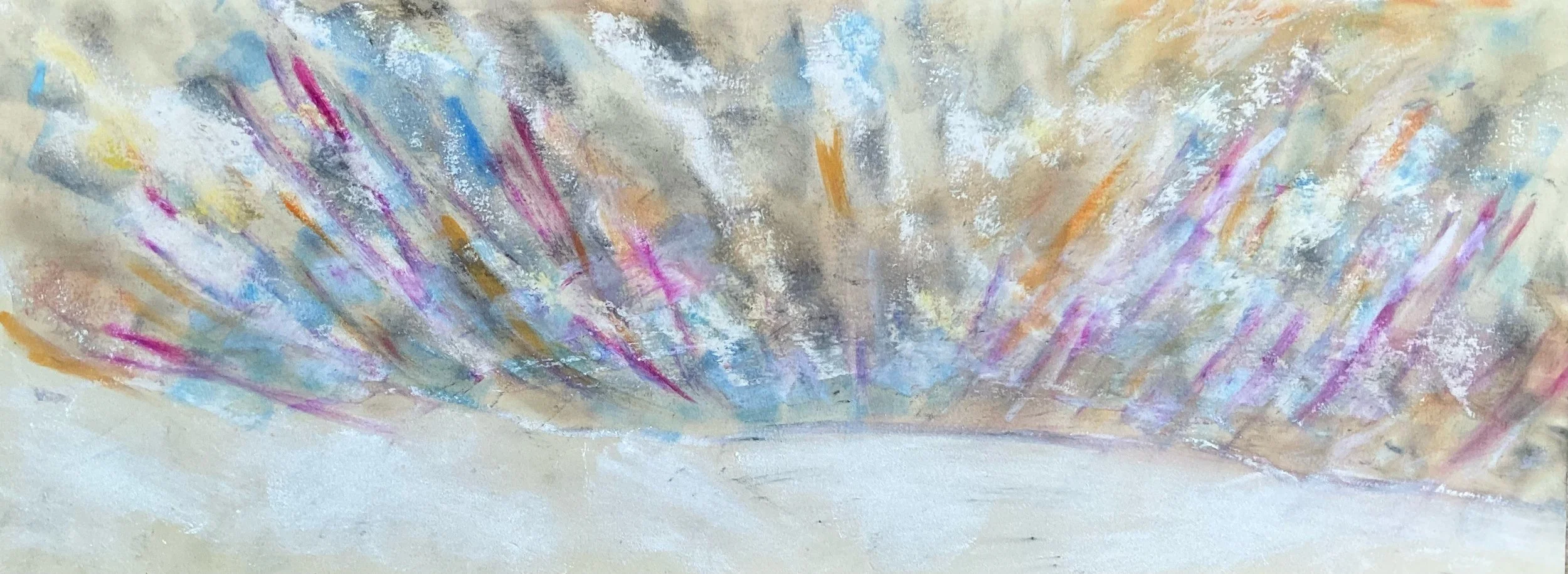 An abstract watercolor painting with vibrant streaks of pink, blue, purple, orange, and white against a beige background.