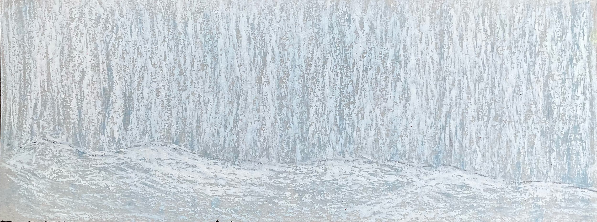 Abstract painting with vertical blue and white streaks and textured surface.