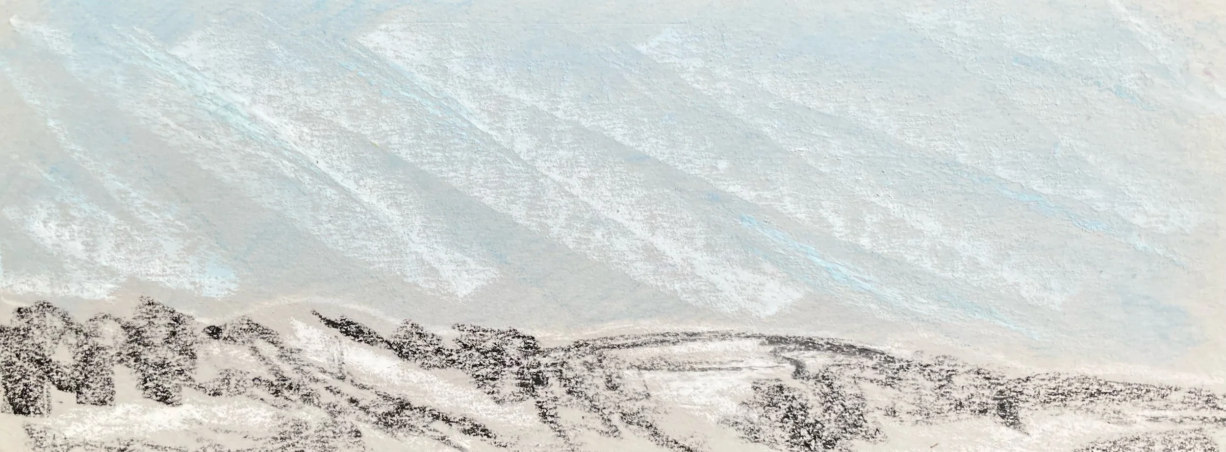 A snowy landscape with a cloudy sky and a row of dark trees in the foreground.