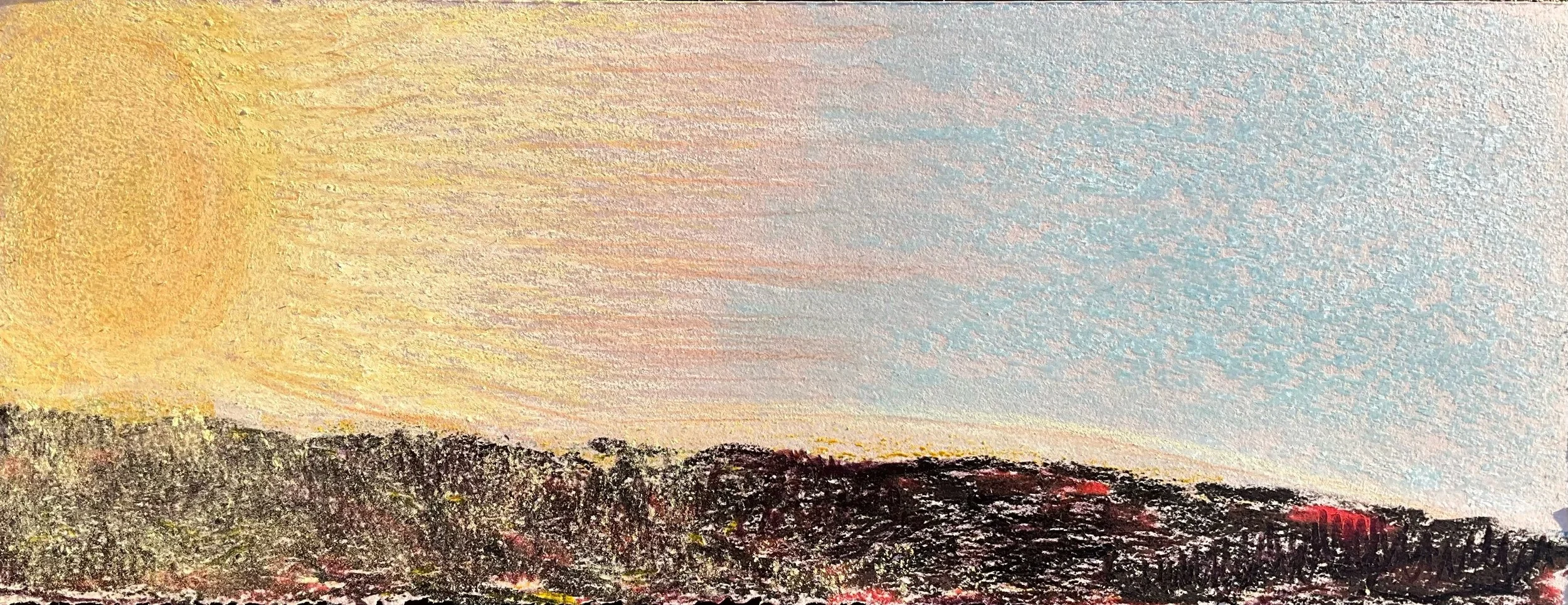 An abstract painting of a landscape with a large yellow sun in the upper left corner, a dark landmass at the bottom, and a pastel sky with shades of pink, blue, and orange.