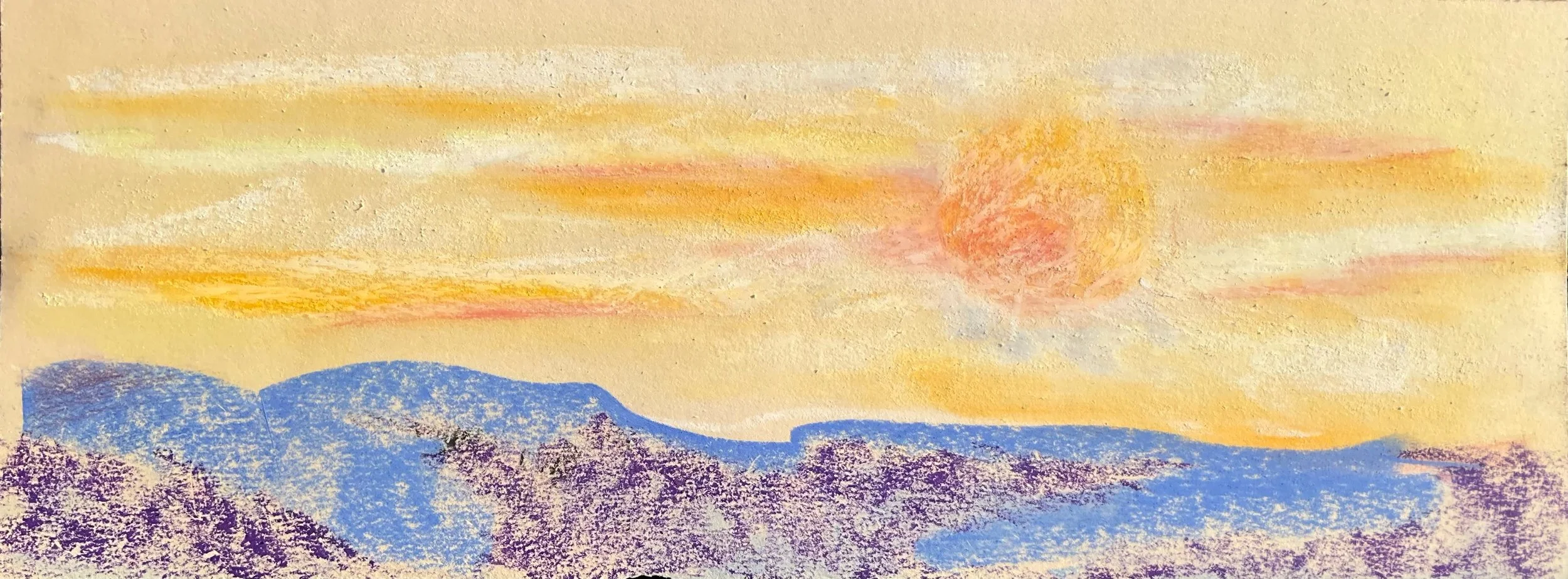 A pastel painting of a sunset over mountain ranges with purple and blue tones, a large orange sun, and soft orange, pink, and yellow clouds.