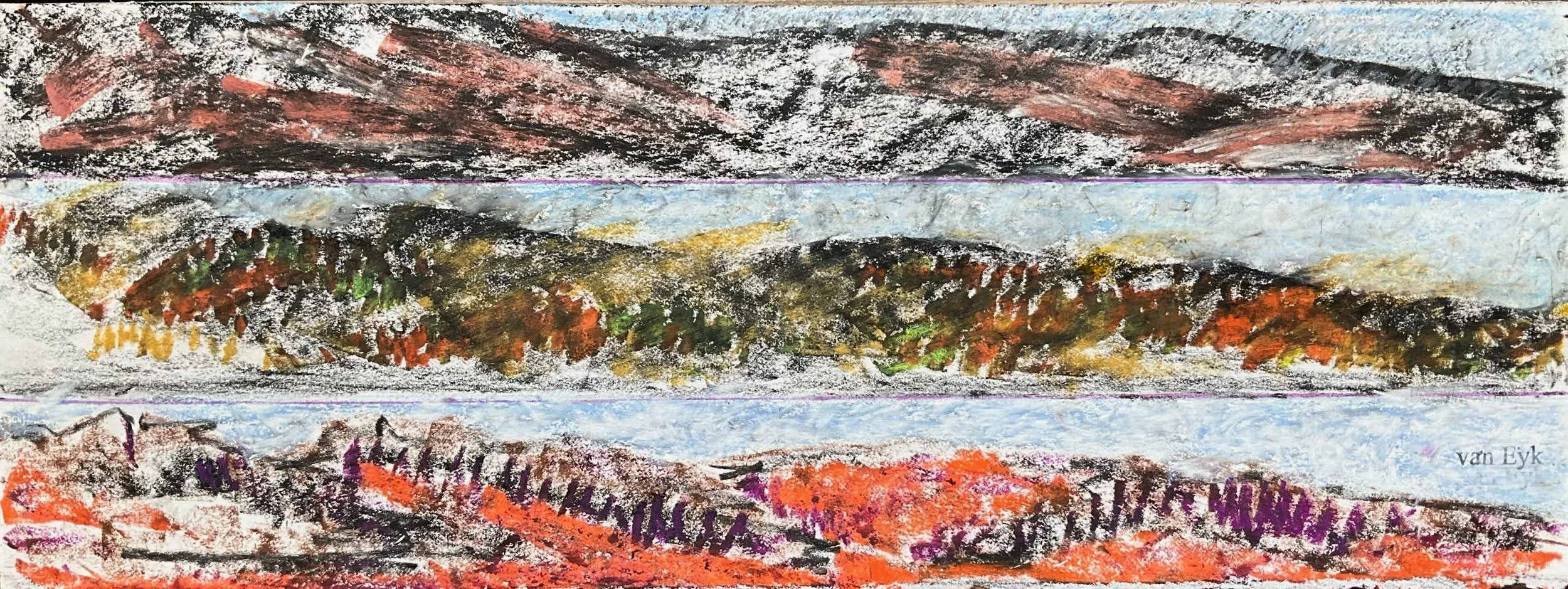 Abstract landscape painting with layered horizontal bands of color, including dark sky, distant mountains, a body of water, and a colorful foreground. Signed by van Eyk.