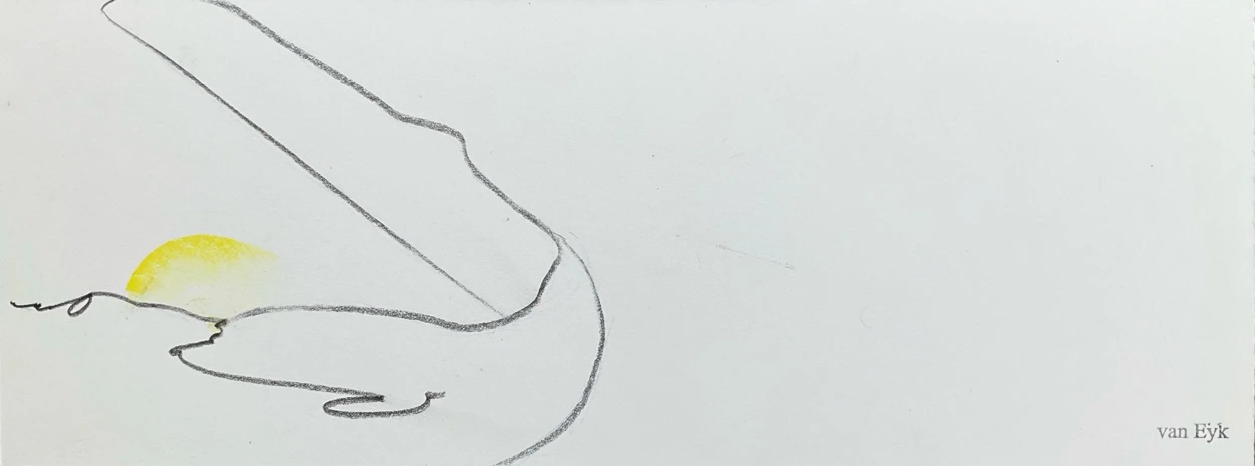 A minimalist drawing of a whale with a yellow sun in the background, created with simple black lines on white paper. The artist's name, van Eyk, is in the bottom right corner.