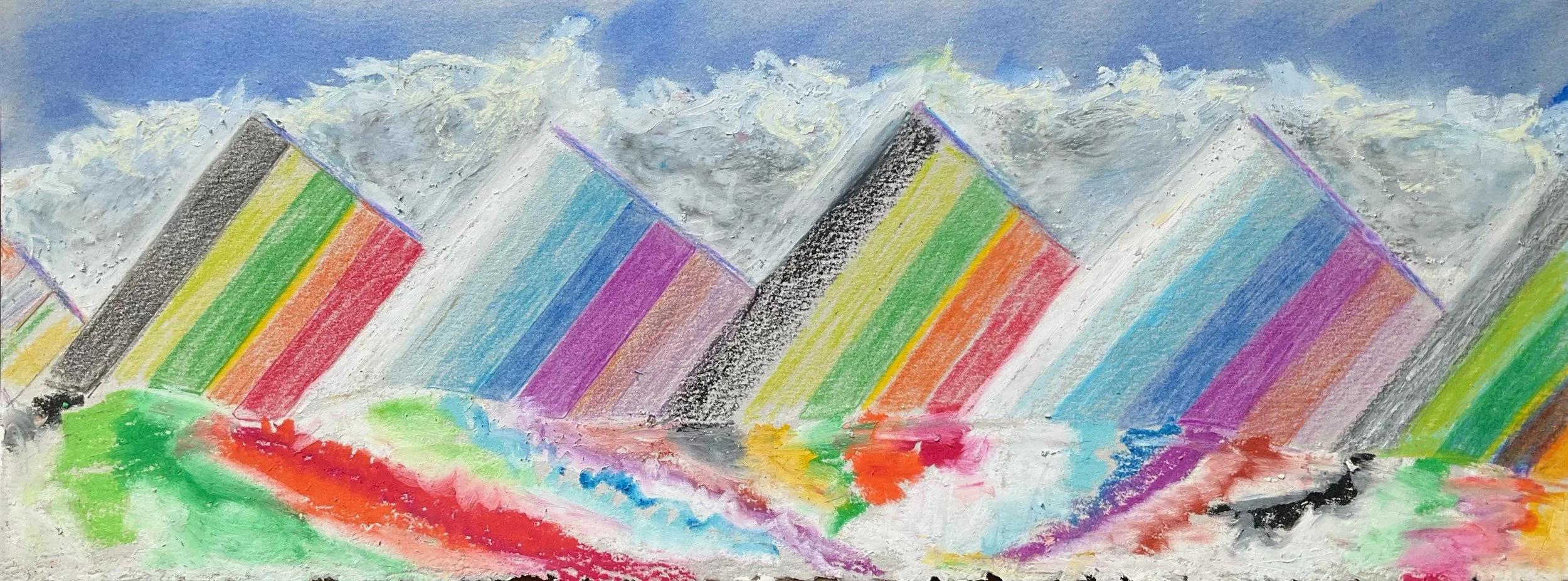 Abstract colorful landscape painting with rainbow hills and a blue sky.