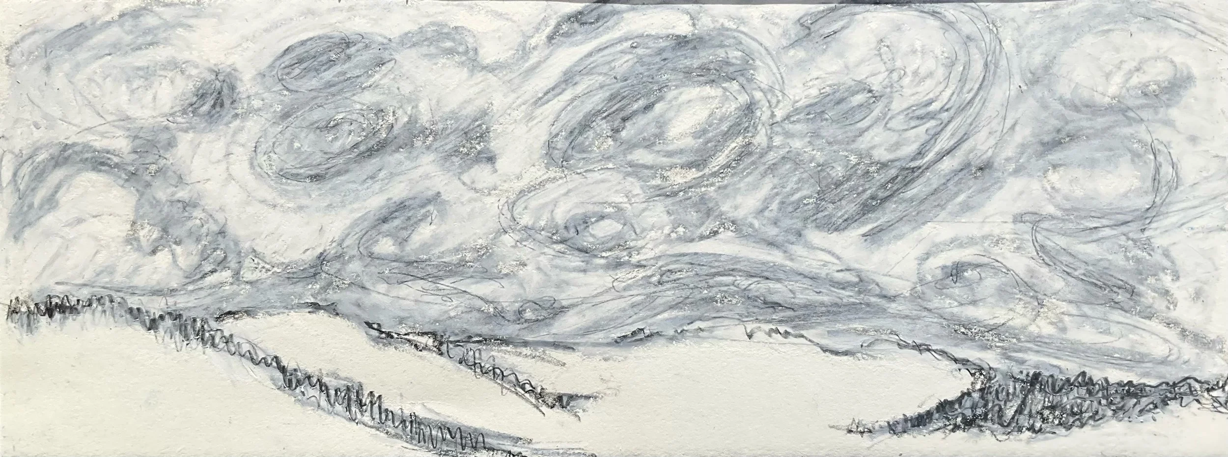A sketch of swirling clouds in the sky above mountains, created with loose, expressive lines and shades of gray.