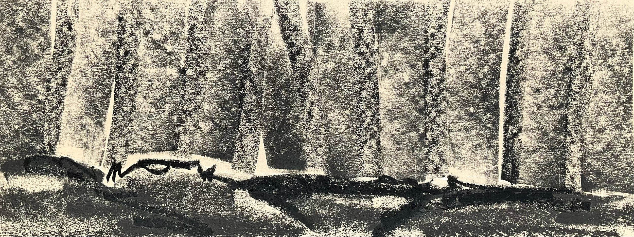 Black and white abstract drawing with textured vertical lines and scribbled signatures near the bottom.