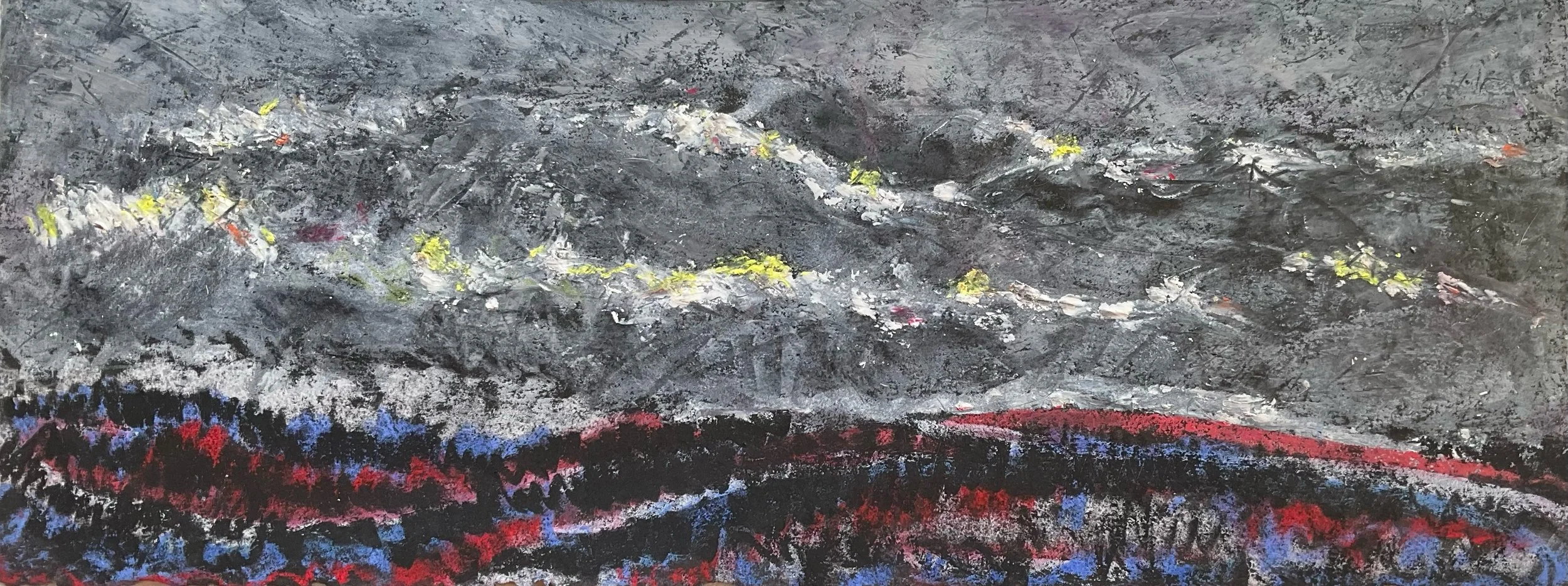 Abstract painting with shades of gray, black, red, blue, and yellow, features textured brushstrokes and layered colors.