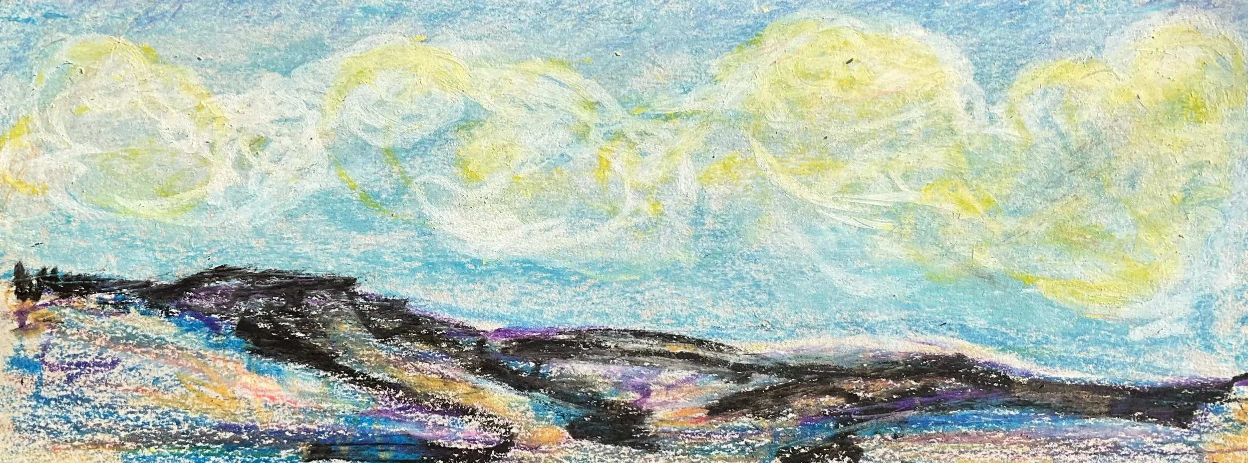 A colorful abstract landscape painting with fluffy yellow clouds in a blue sky and dark, textured land or water in the foreground.