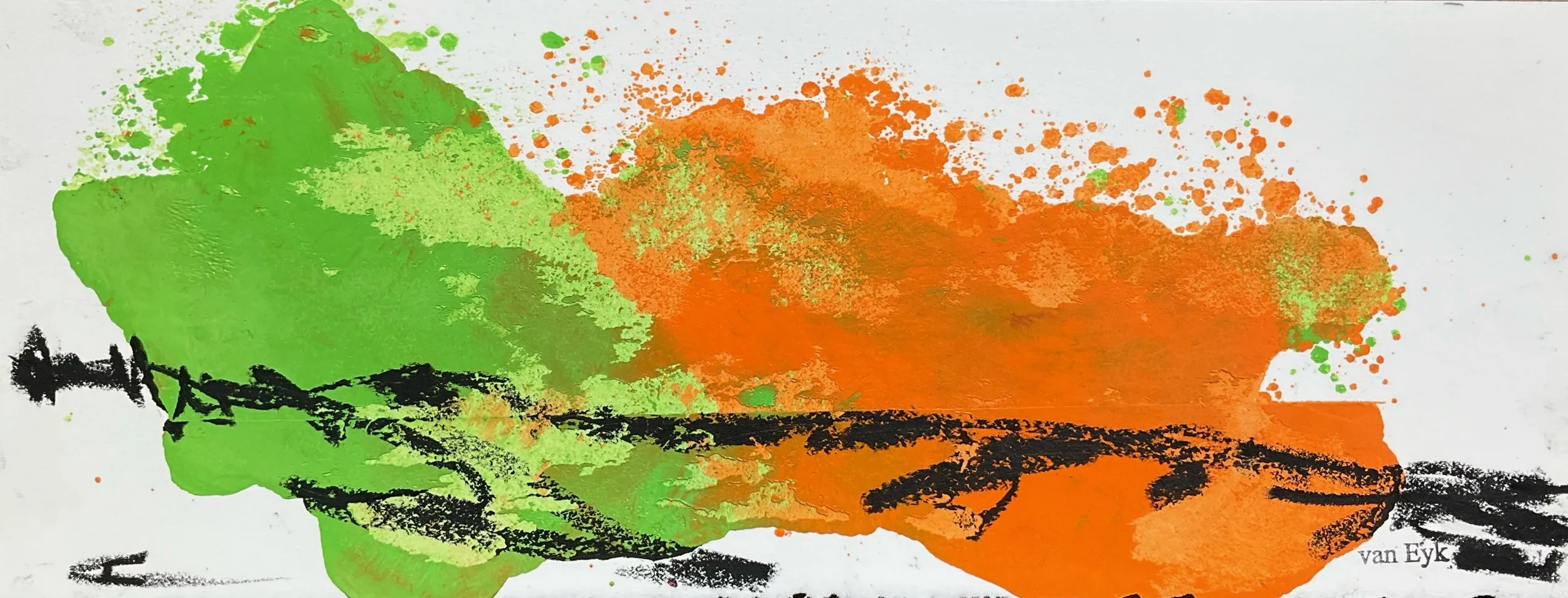 Abstract artwork of two hands holding a torch, with green and orange paint splashes in the background, and the words "van Eyk" in the bottom right corner.