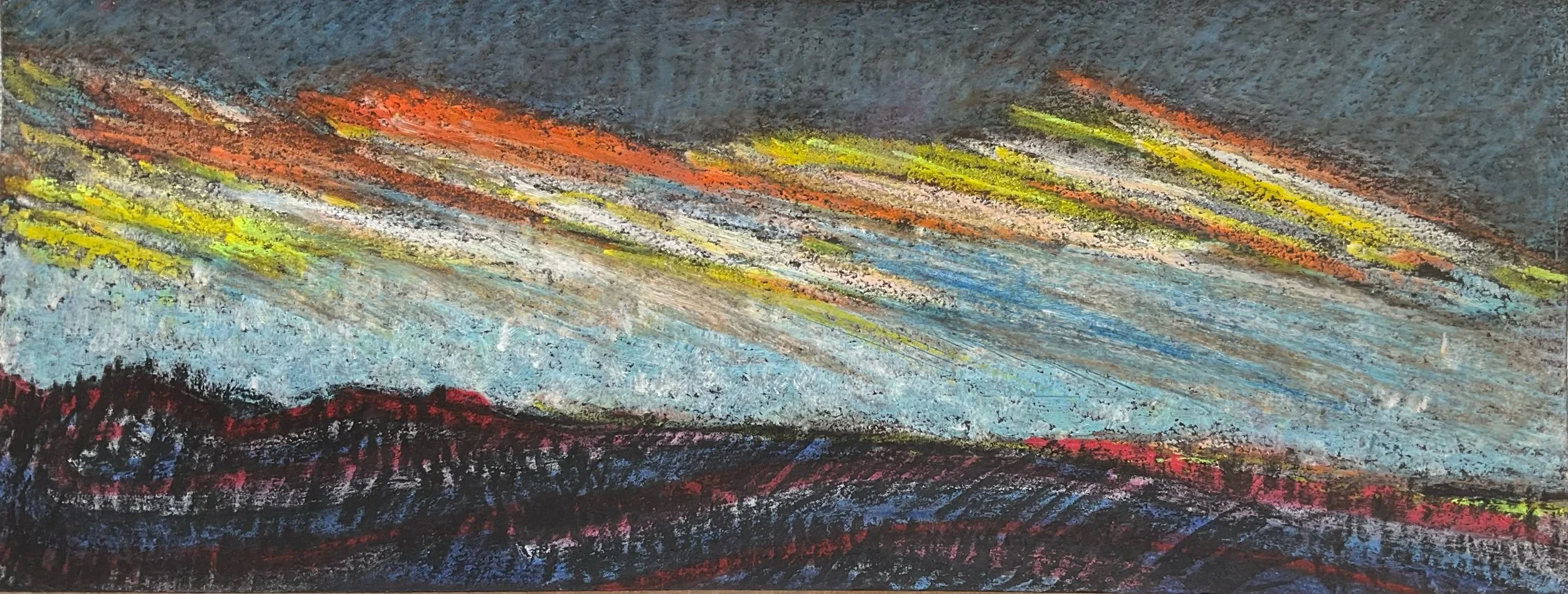 Abstract colorful painting with streaks of yellow, orange, red, and blue on a dark background.